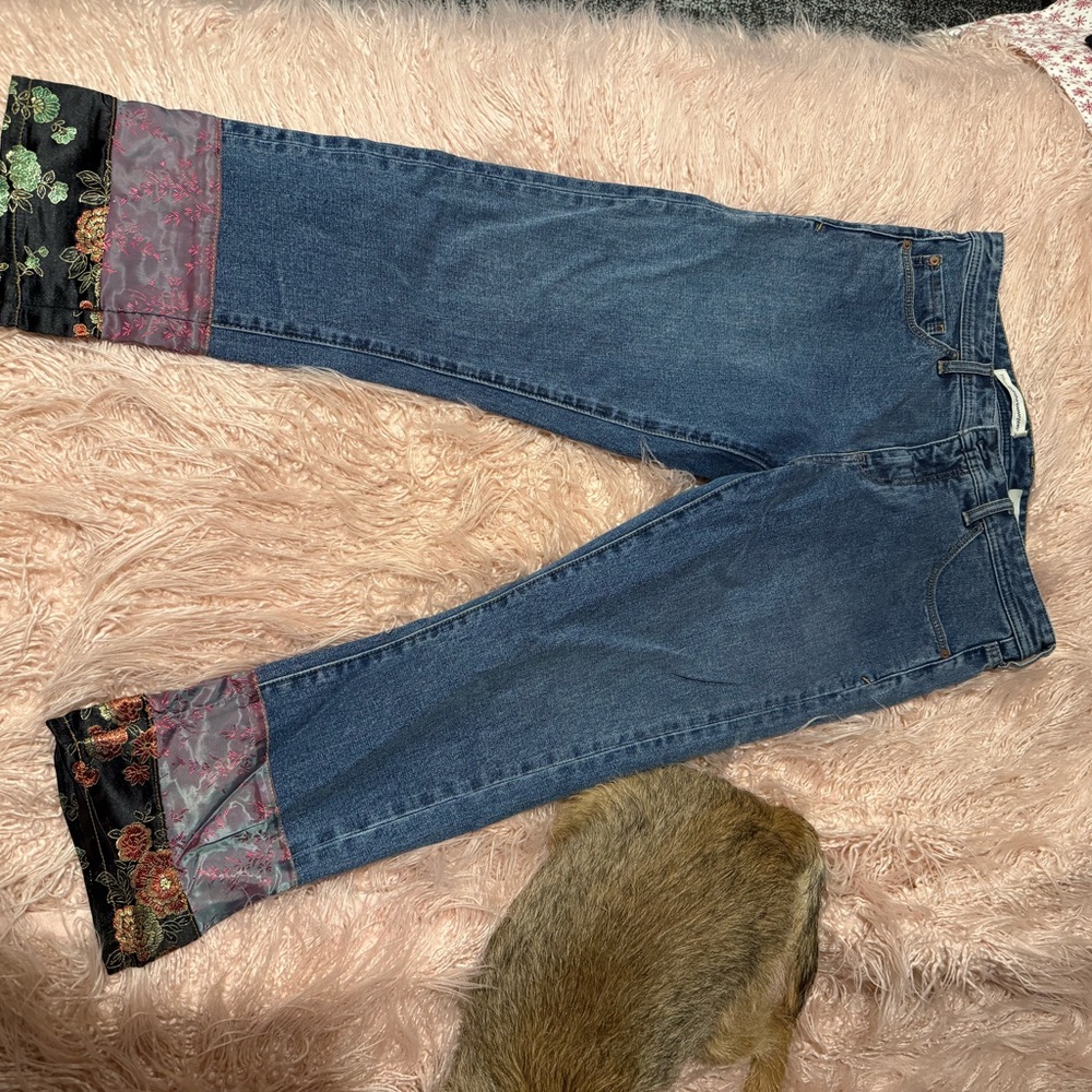 Elegant Denim Straight Leg Jeans with Silk Bohemian Trim